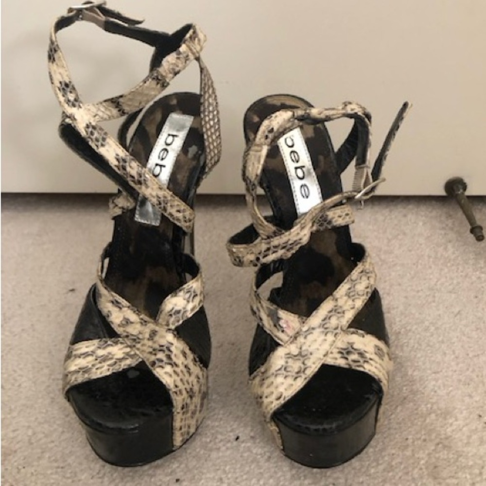 Bebe Black and Cream Snake Skin Heels